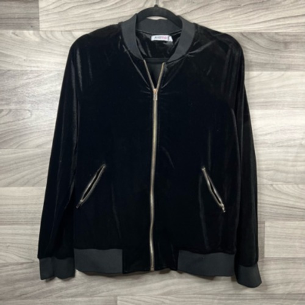 Justfab Womens Velvet Bomber Jacket Black Zip Up Stretch Pockets Long Sleeve M